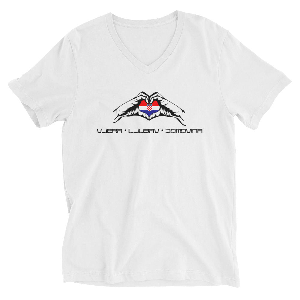 "Vjera Ljubav Domovina Ruke" -T-Shirt mit V-Ausschnitt
