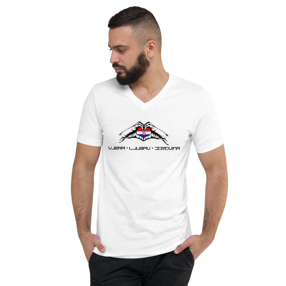 "Vjera Ljubav Domovina Ruke" -T-Shirt mit V-Ausschnitt